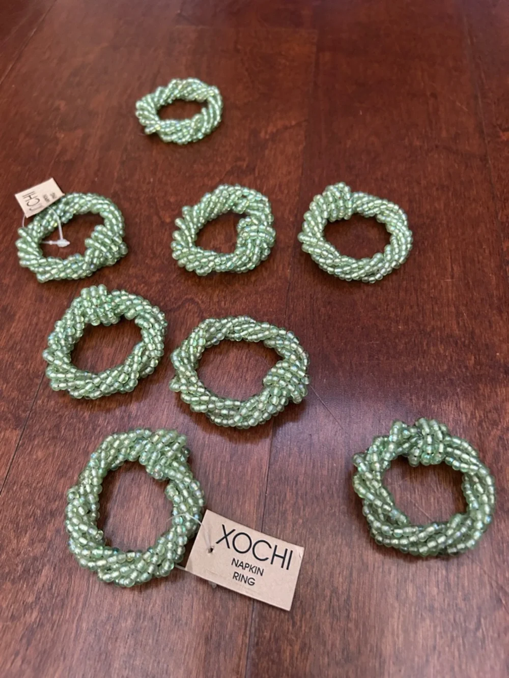 Xochi Green Glass Beaded Napkin Rings, Set of Eight